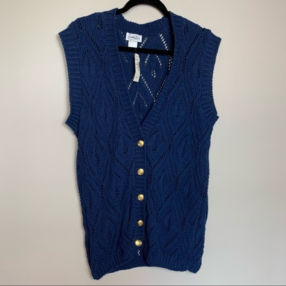 Vintage Cuddle Knit Large Navy Blue Crochet Sleeveless Cardigan Academia Twee - Picture 1 of 6